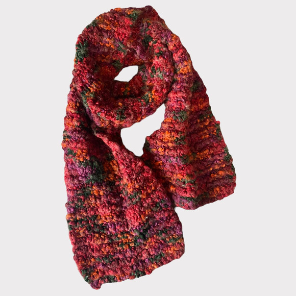 Handmade Knit Crochet Rectangle Scarf Multicolored Pink Green Orange 7" x 50" - Picture 1 of 4